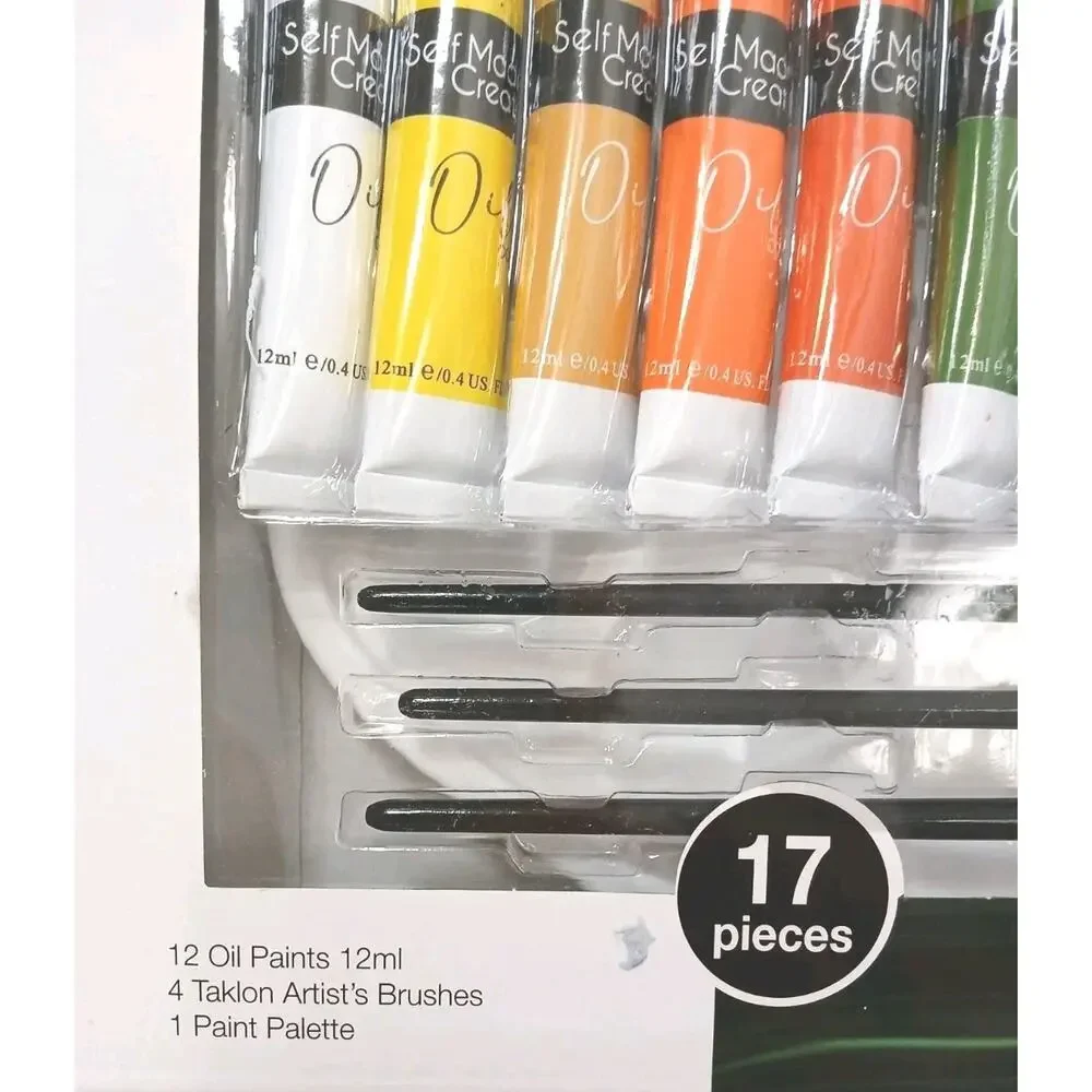 17 Pc Oil Paint Art Set w 4 Taklon Paint Brushes + Art Palette Value Professiona